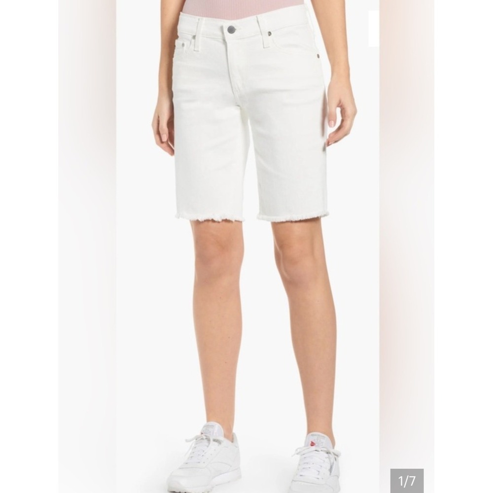 AG Adriano Goldschmied Nikki Relaxed Skinny Shorts White Denim Frayed Hem 26 NEW